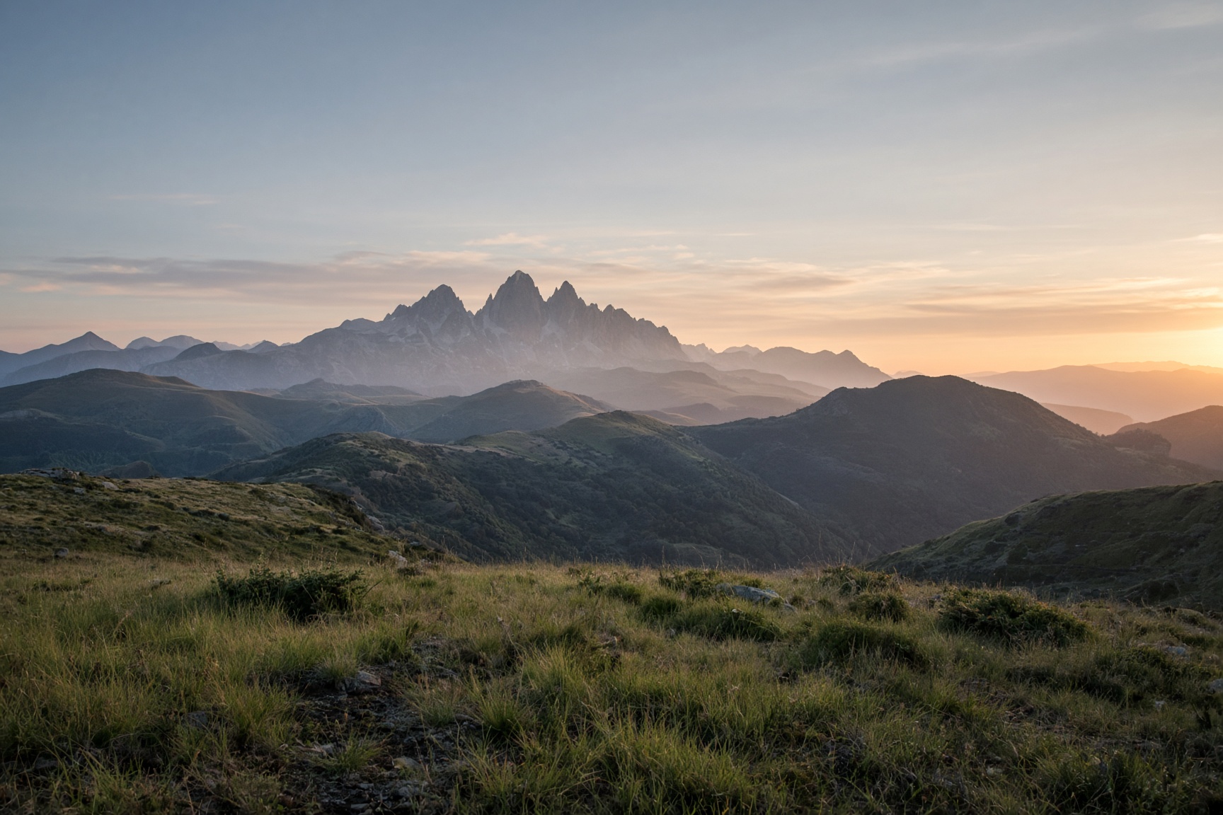 Crête herbeuse au soleil levant, vers les Pyrénées.