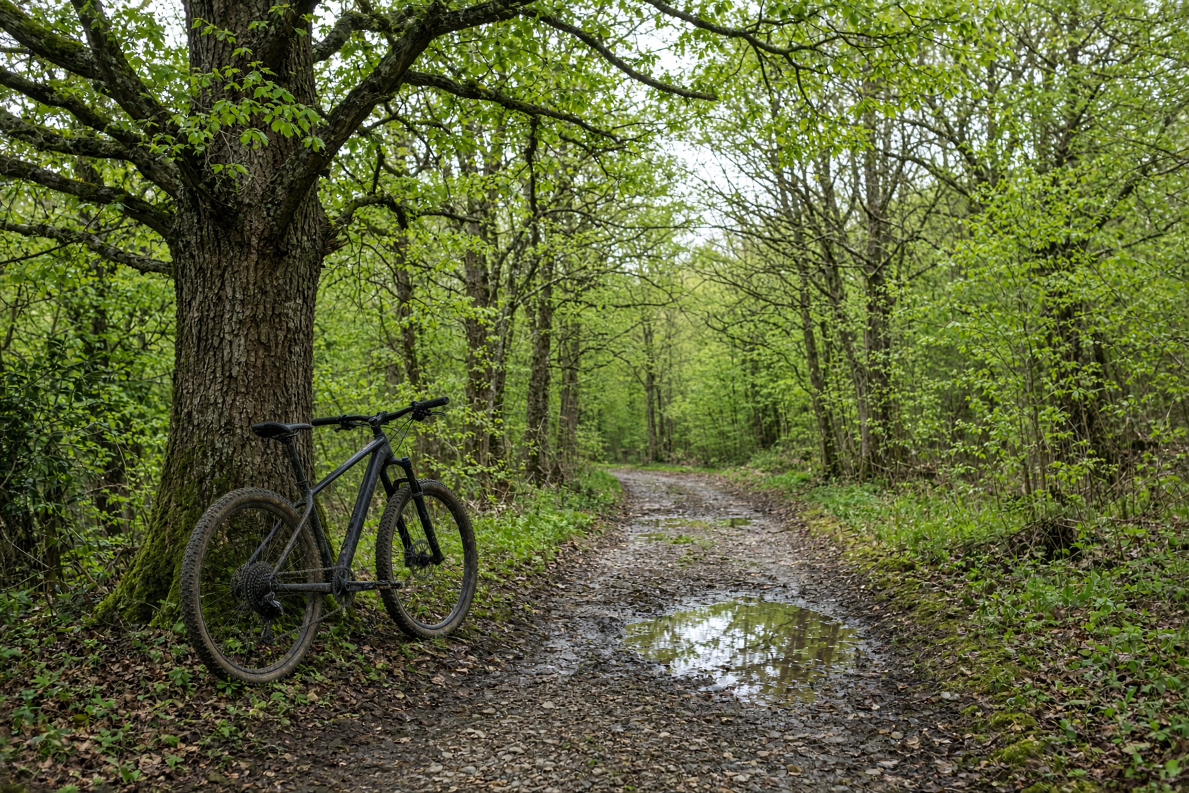 VTT posé contre un chêne, sur un chemin de sous-bois.